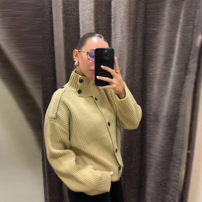 Casual Style Stand Collar Button Knitted Top