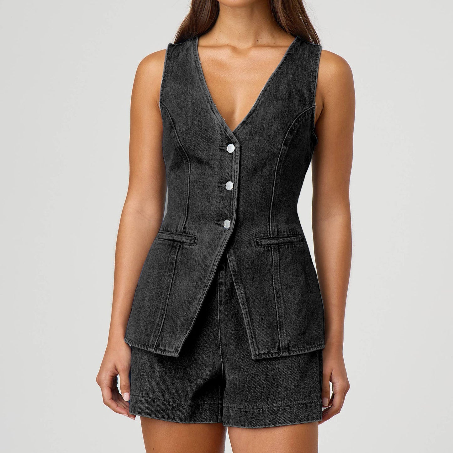 High-Waisted Women's Set with Denim Shorts