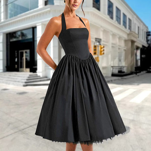 Sleeveless Off-shoulder Tie-strap Pleated Skirt