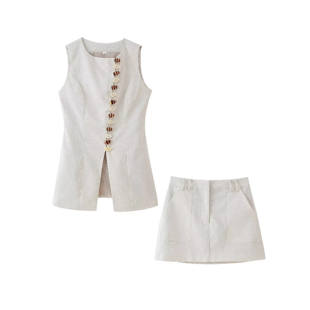 Button-down Cotton And Linen Vest + Short Skirt