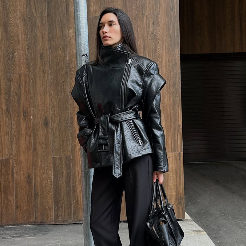 High Collar Faux Leather Jacket