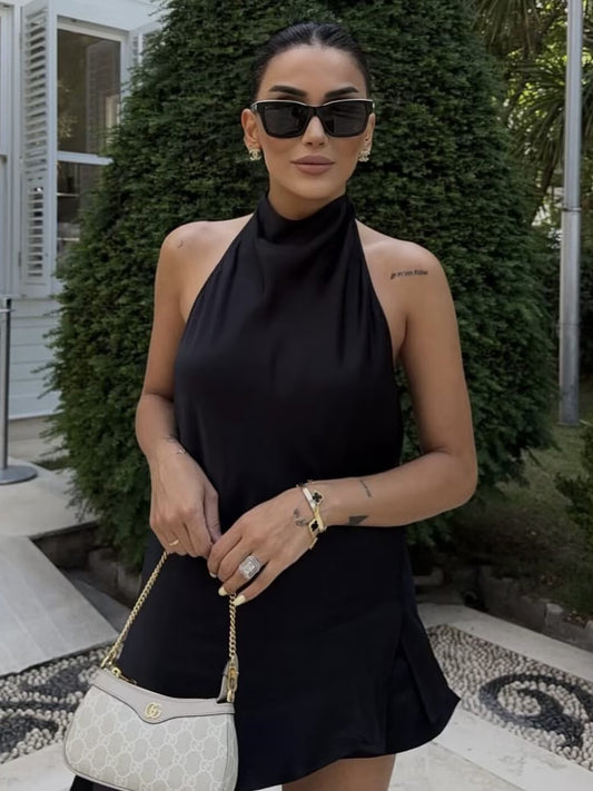 Silk Satin Halter Neck Top + Casual Pants Set