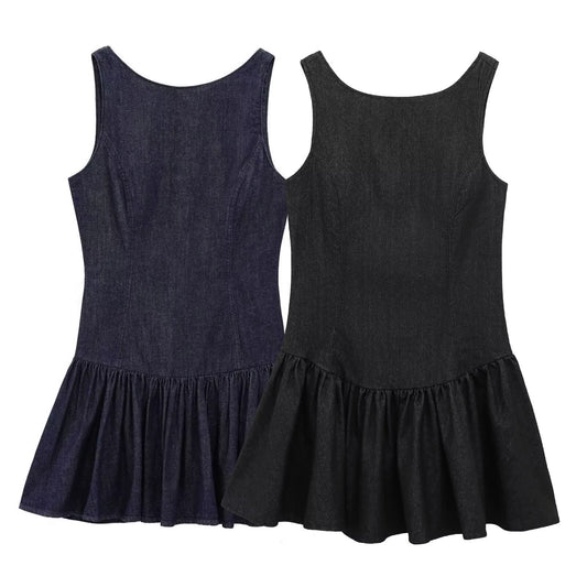 Round Neck Backless Short Denim Dress
