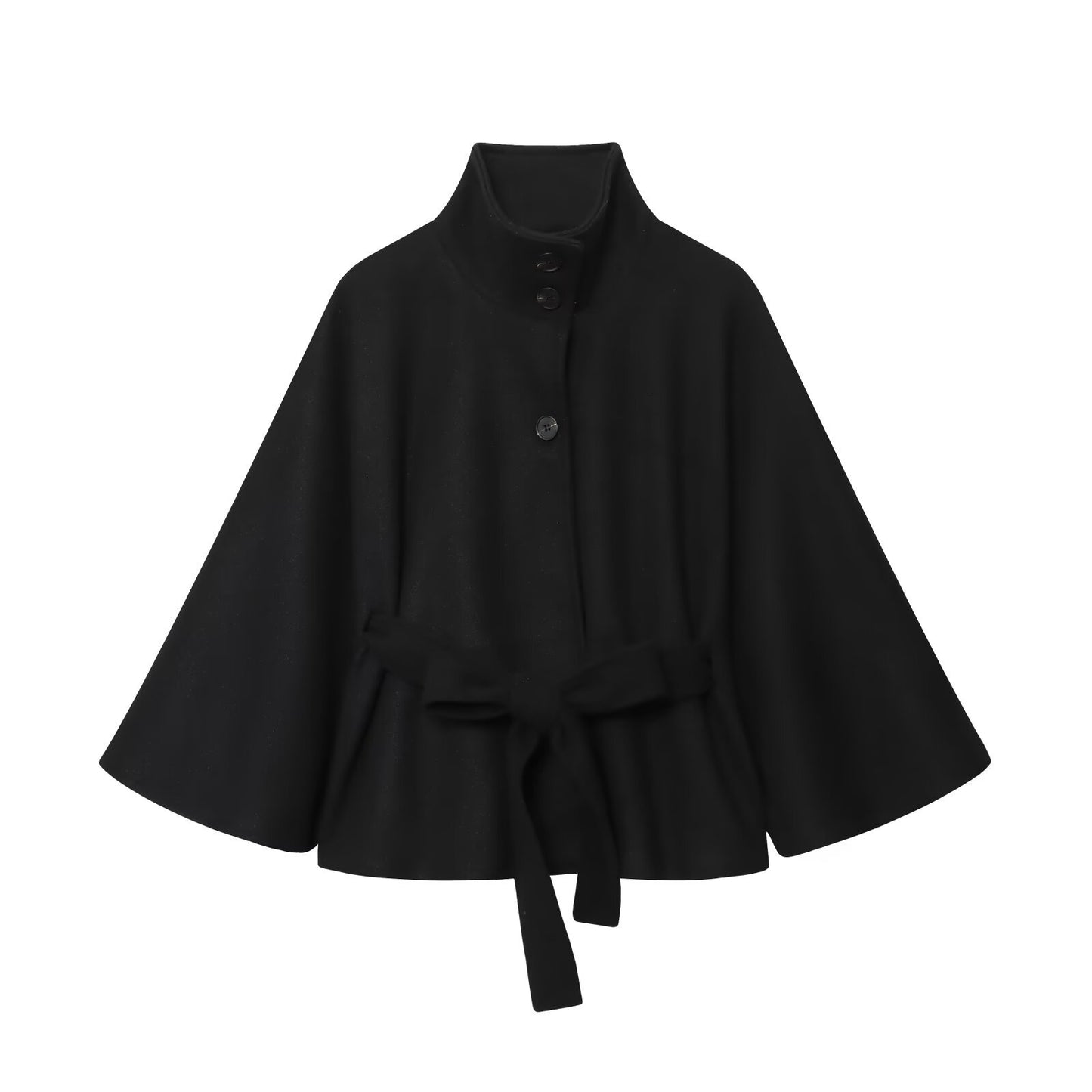 Slim Waist Tie-up Stand Collar Wide Sleeve Short Wool Coat