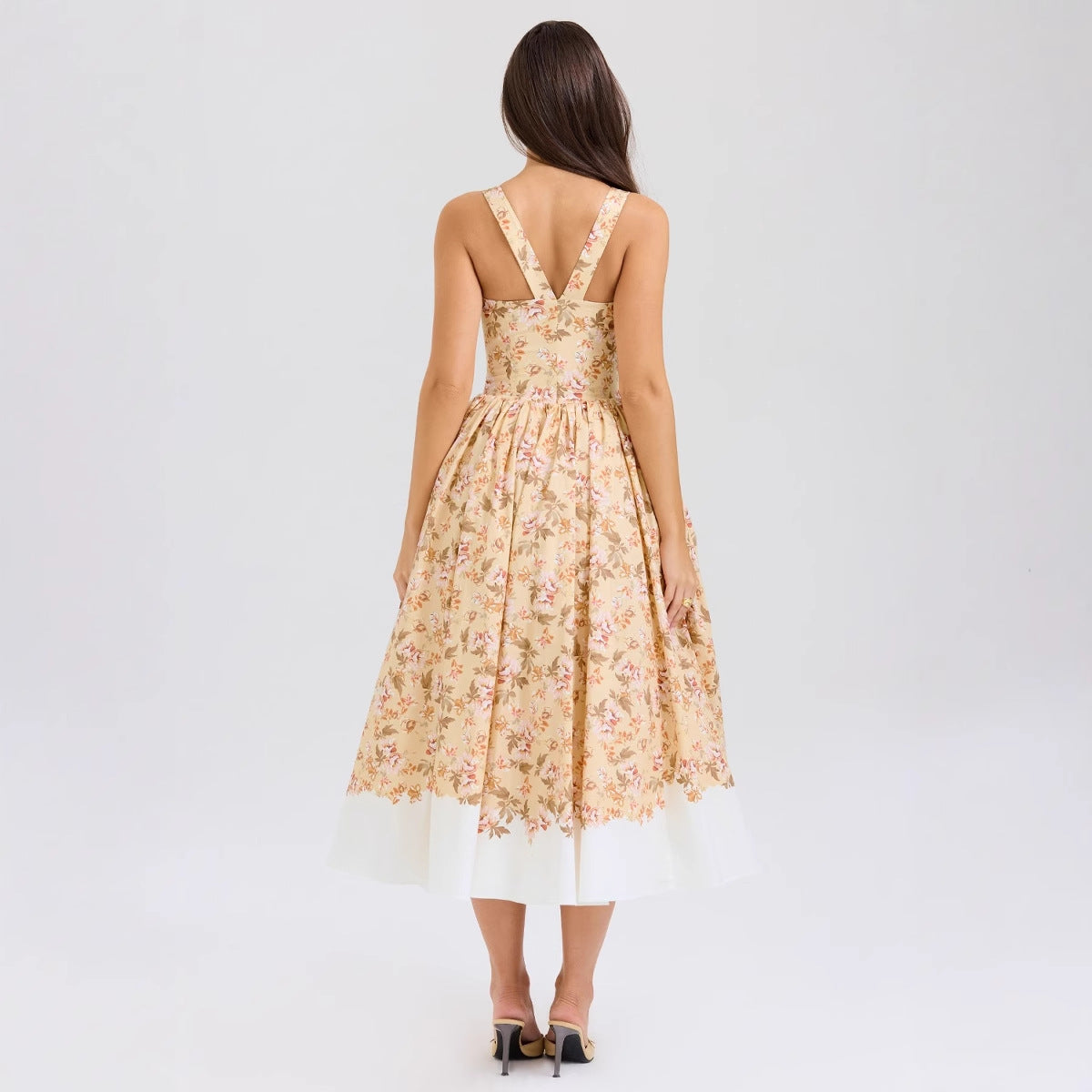 U-neck Slim Button Floral Long Dress