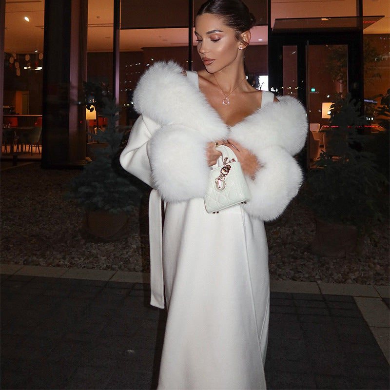 Woolen Fur Collar Long Coat