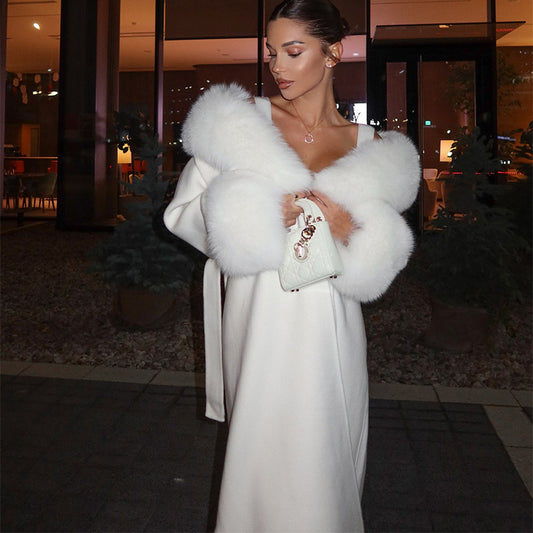 Woolen Fur Collar Long Coat