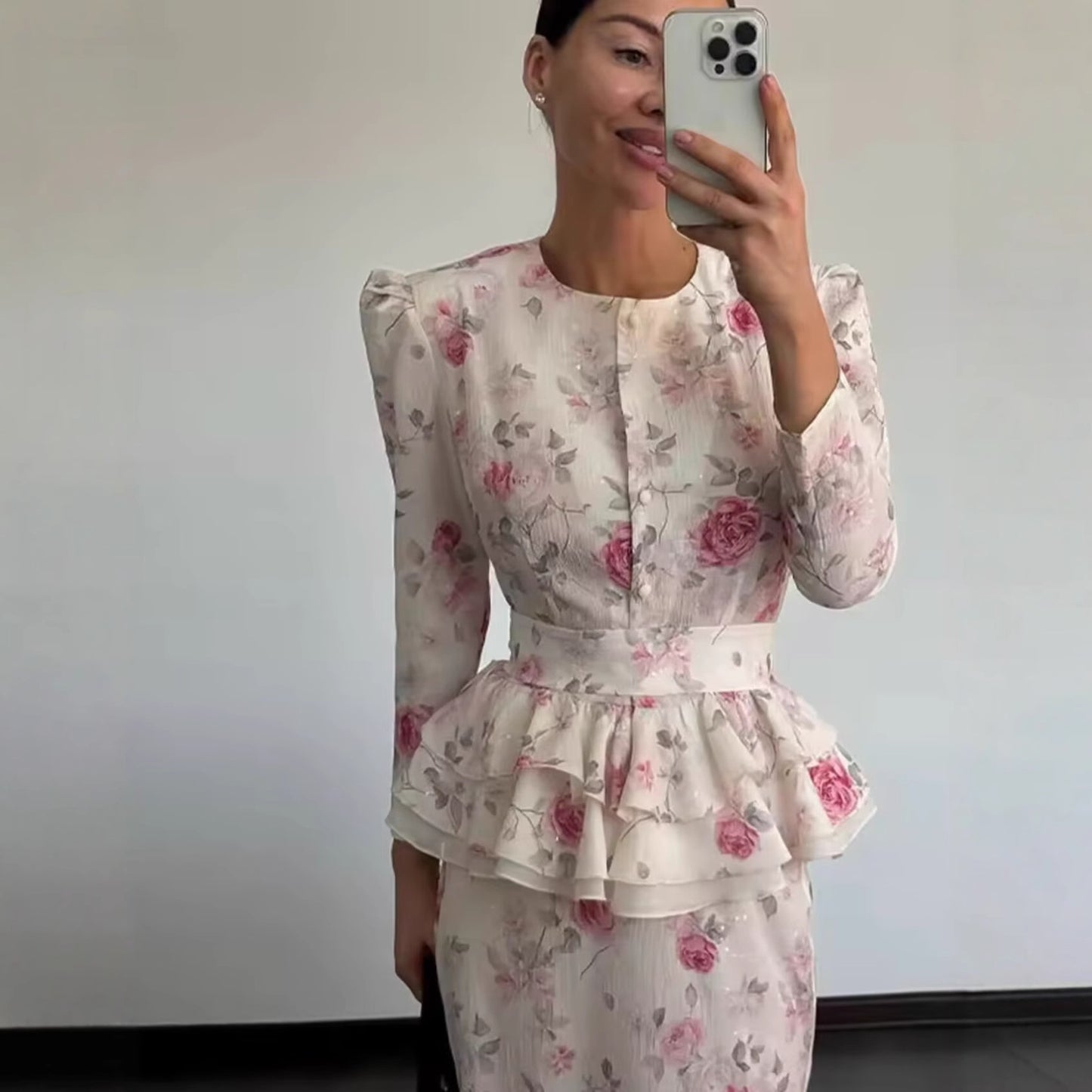 Floral Long-sleeved Top and Skirt Suit