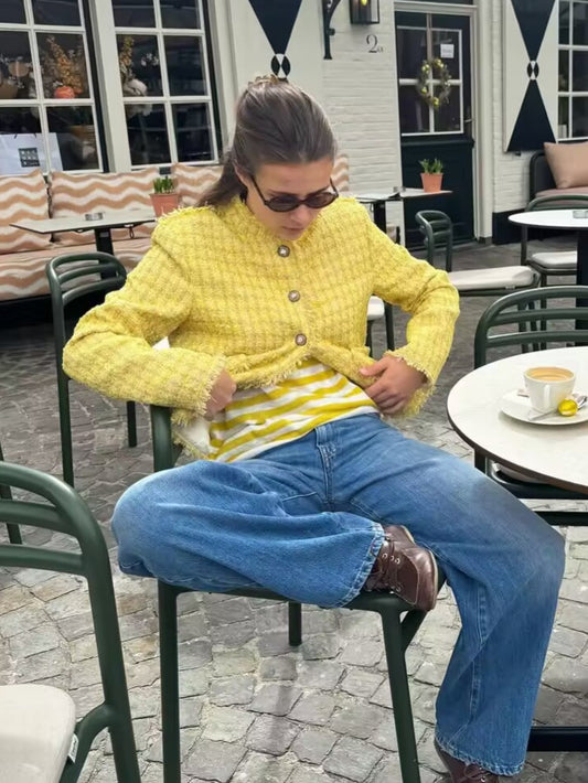 Round Neck Long Sleeve Single-Breasted Jacket