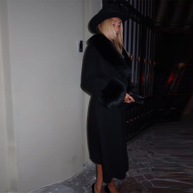 Woolen Fur Collar Long Coat