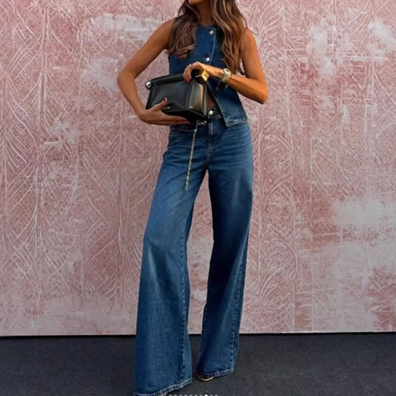 Sleeveless Vest Fashion Wide-Leg Denim Set