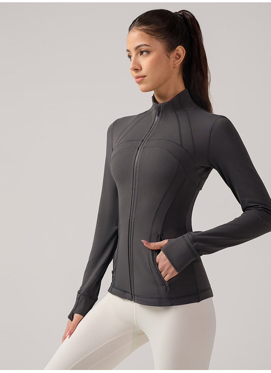 Long Sleeve Sports Jacket – Stand Collar, Stretch Slim-Fit Zipper