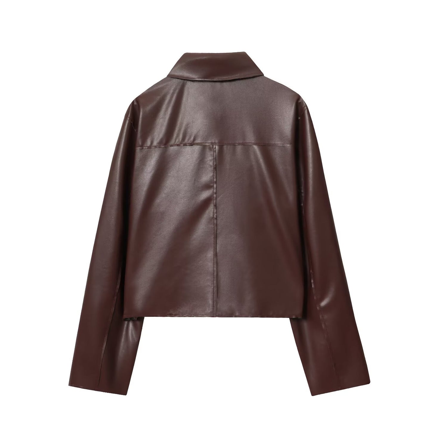 Lapel Solid Color Pocket Decoration PU Jacket