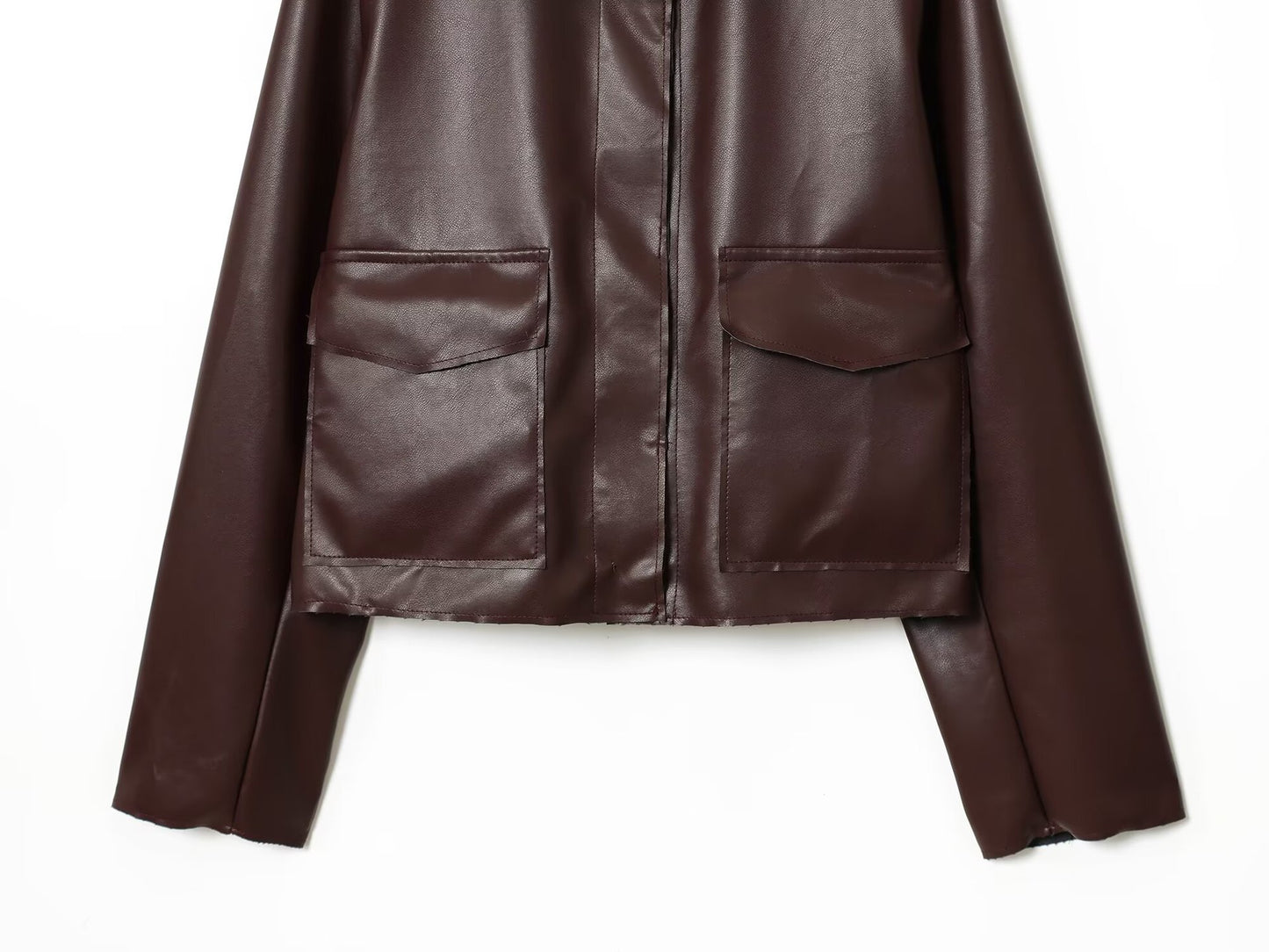 Lapel Solid Color Pocket Decoration PU Jacket