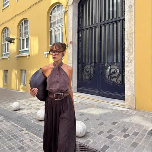 Knotted Halter Neck Top Vest + Pleated Pants (Set)