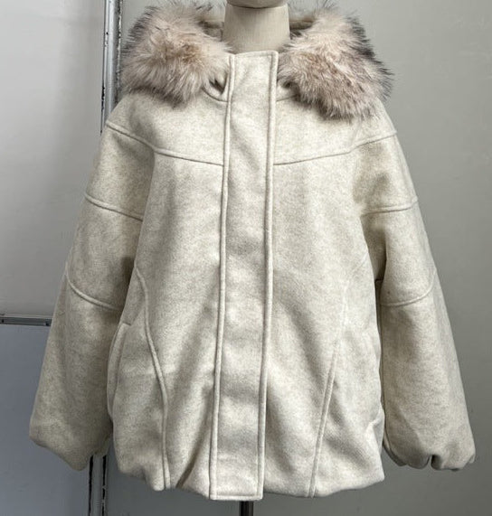 Winter Short Cotton Coat with Faux Fur Collar
