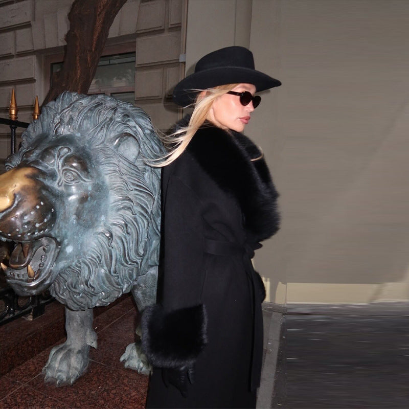 Woolen Fur Collar Long Coat