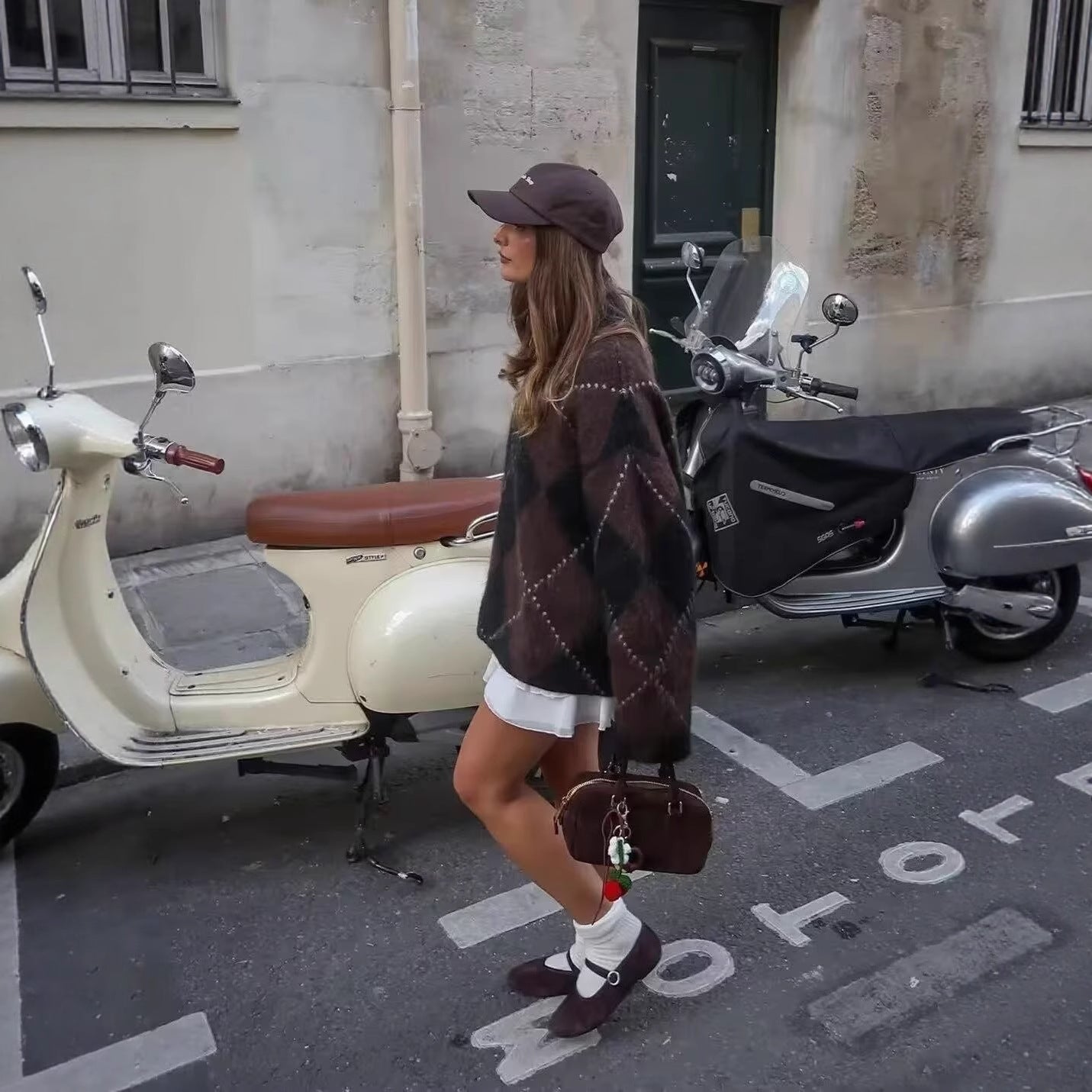 Diamond Plaid Pullover Knitted Top + Skirt Set