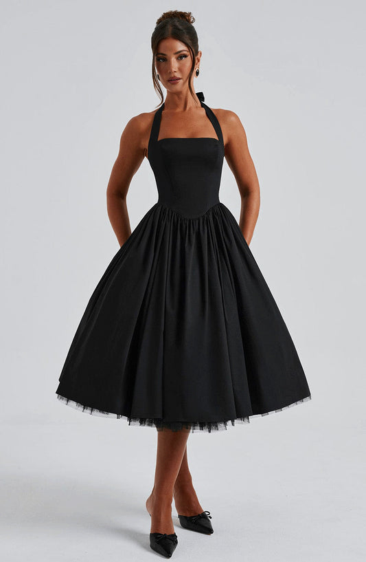 Sleeveless Off-shoulder Tie-strap Pleated Skirt