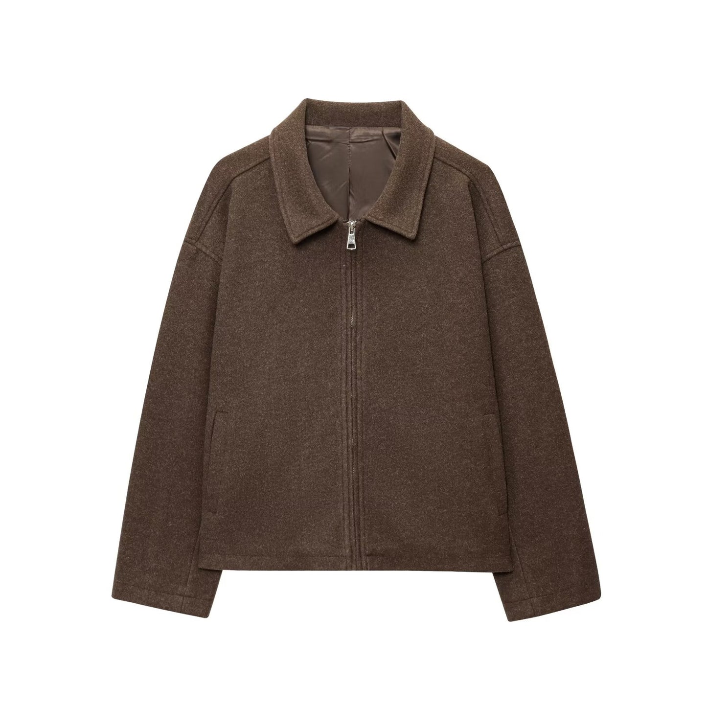 Solid Wide Zipper Woolen Coat