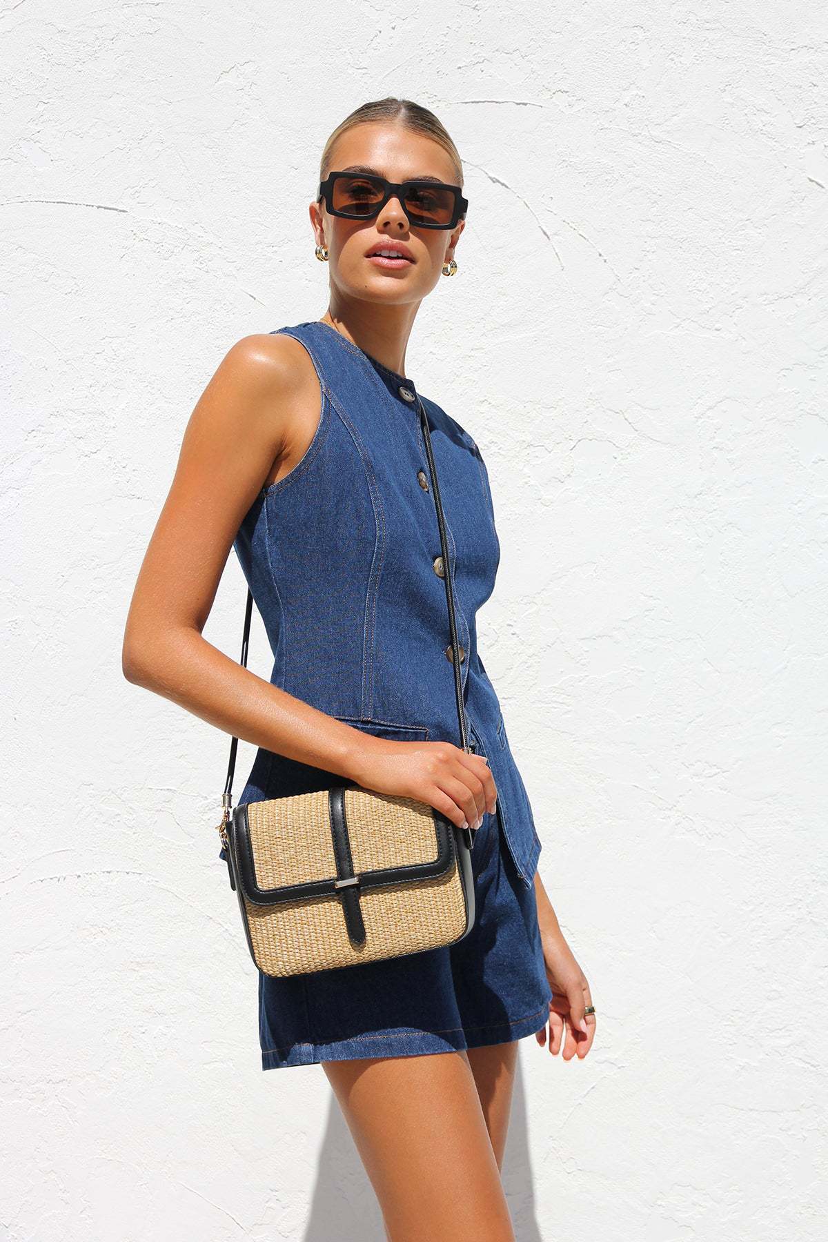 Sleeveless High-Waisted Loose Denim Shorts Set