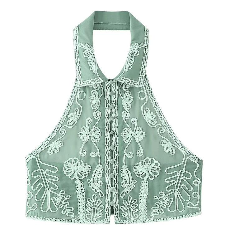 Embroidery Backless Shorts Suit Set
