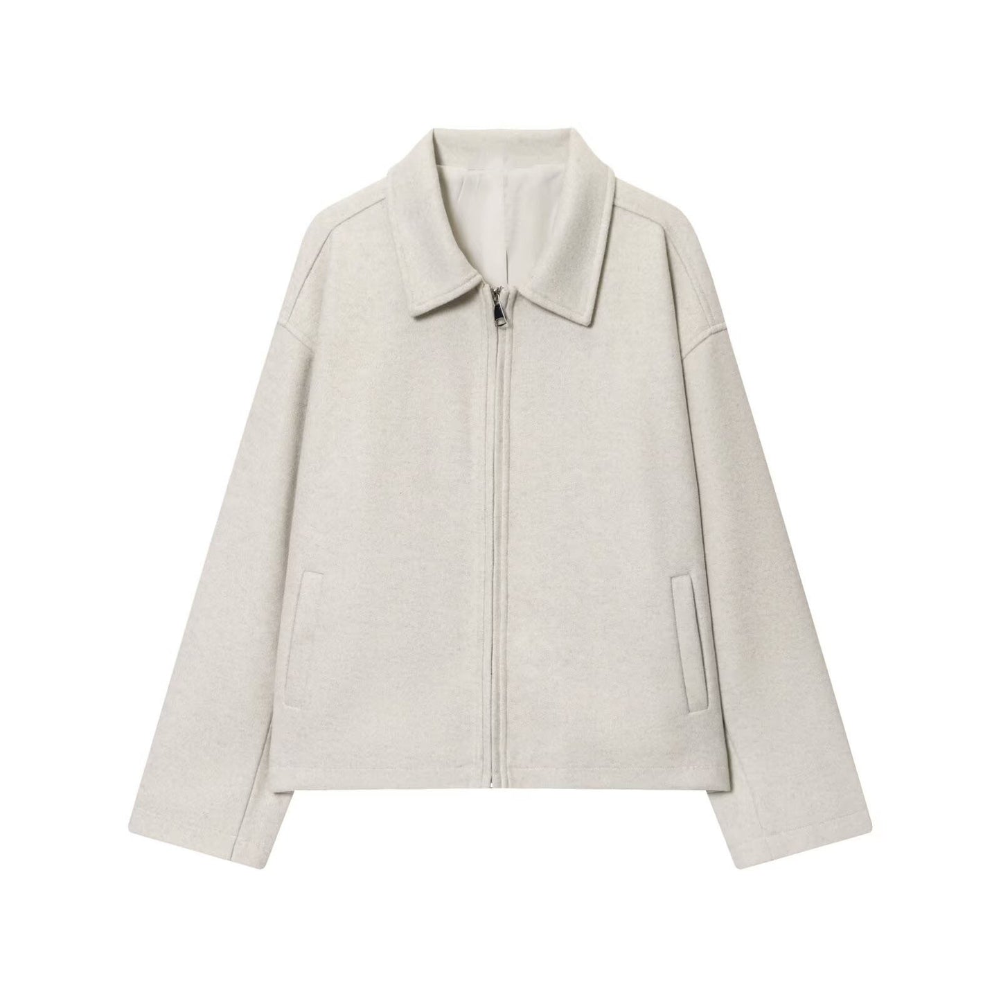 Solid Wide Zipper Woolen Coat