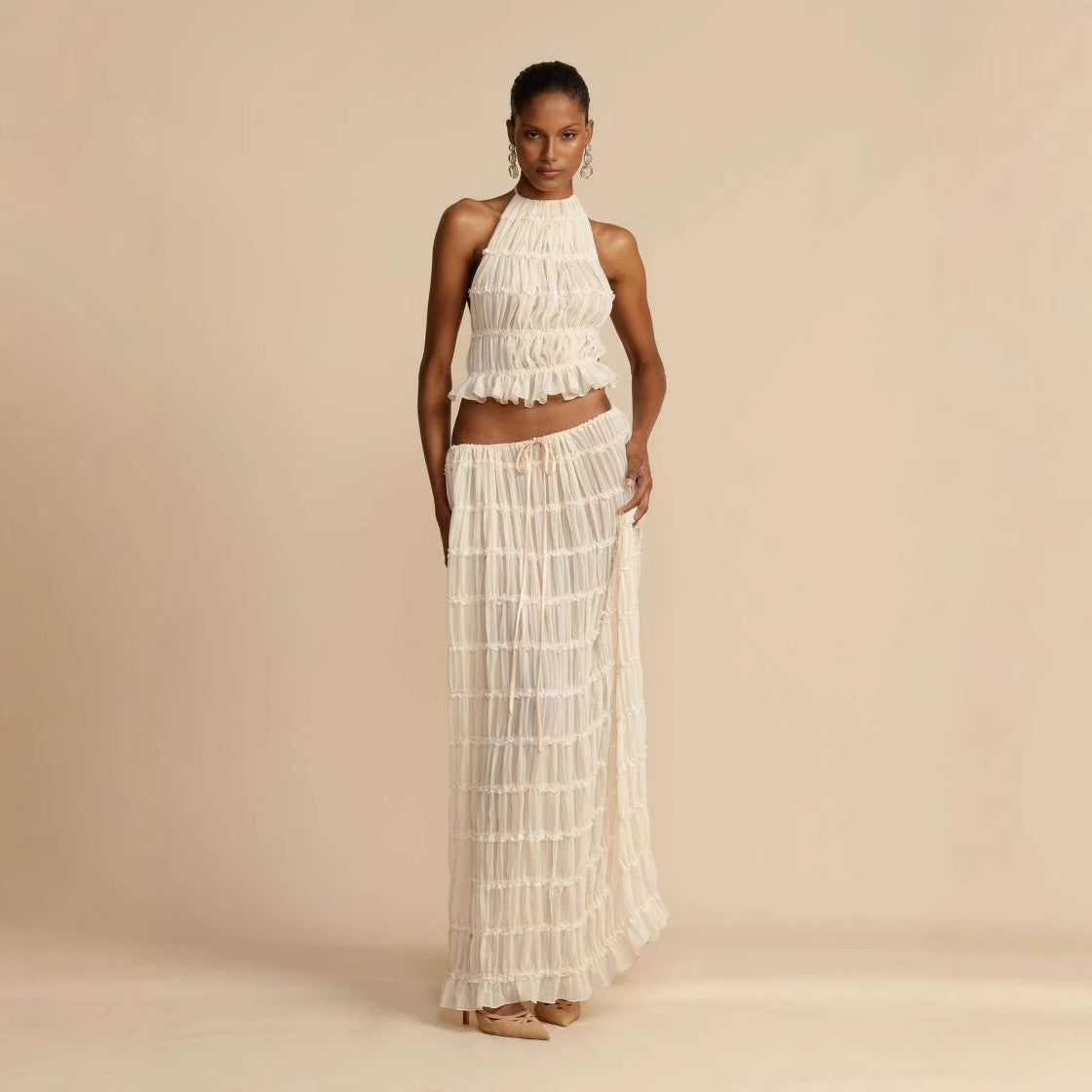 Halter Neck Tie Lace Vest Dress Set