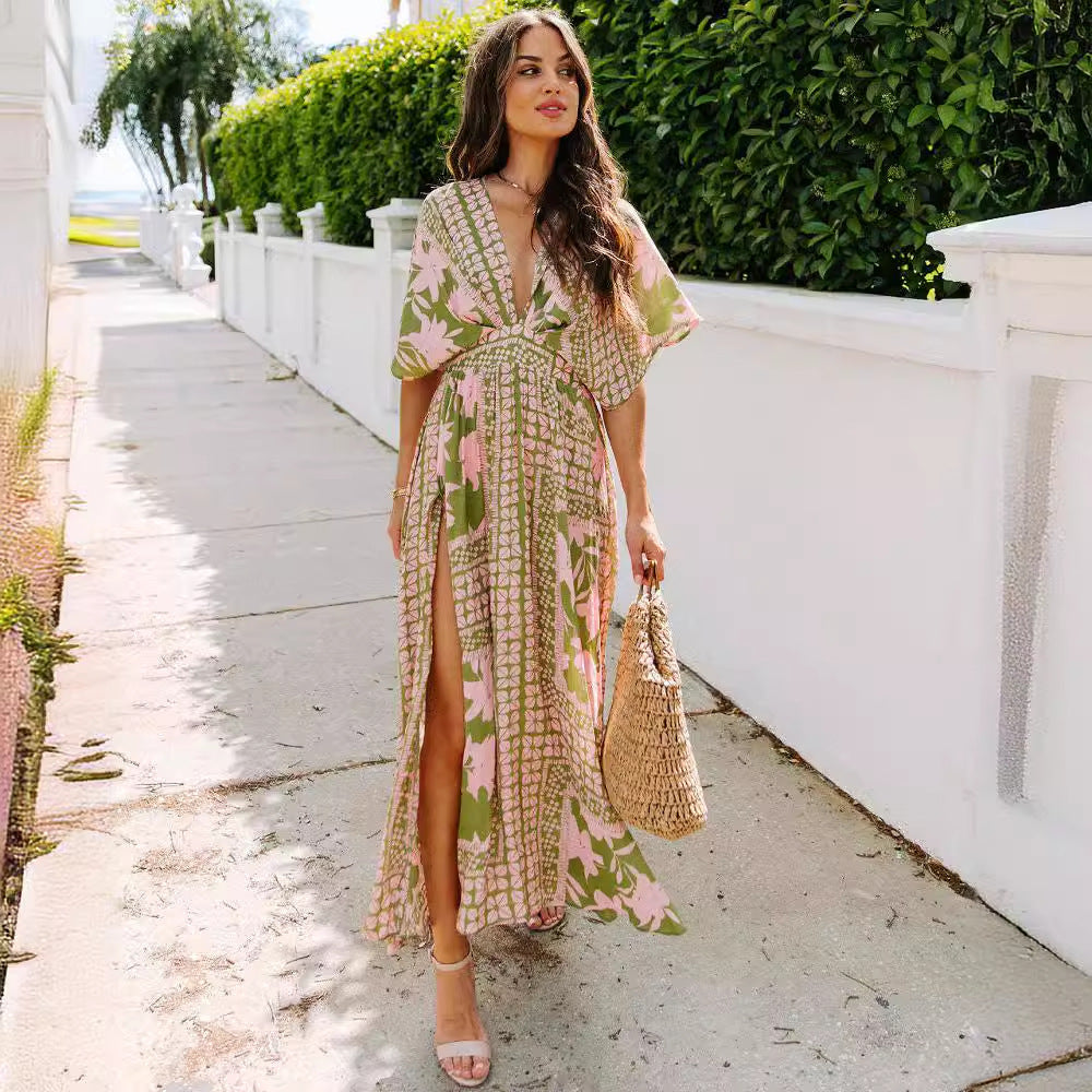 High-Waisted Printed Slit Dress