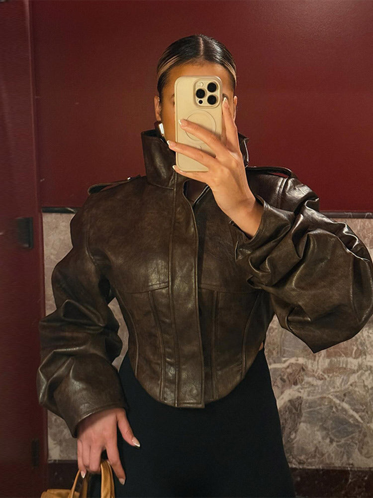 Short Waist-Cinching Stand-Up Collar Leather Jacket