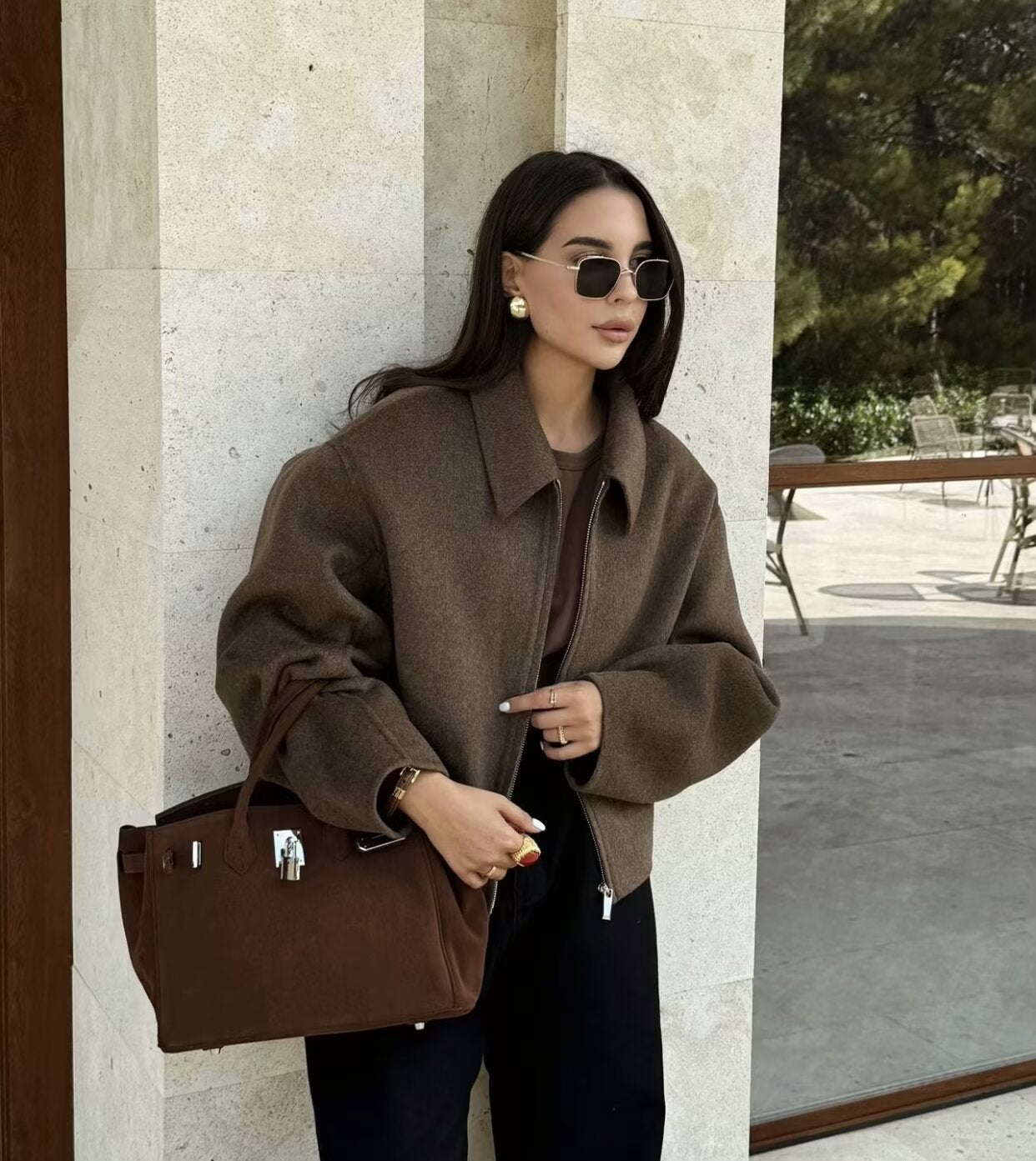 Solid Wide Zipper Woolen Coat