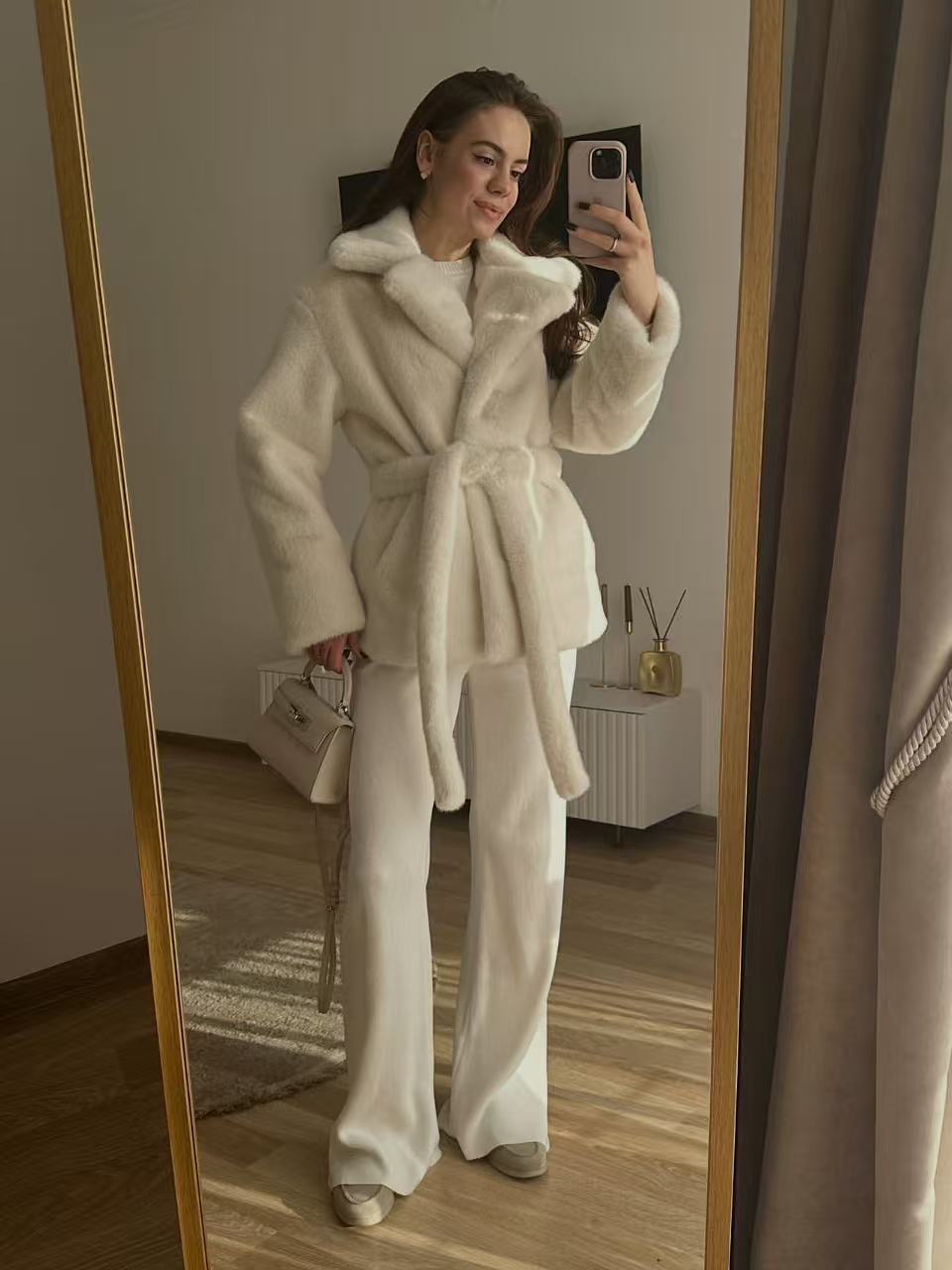 Lapel Faux Fur Waist-Slim Tie Jacket