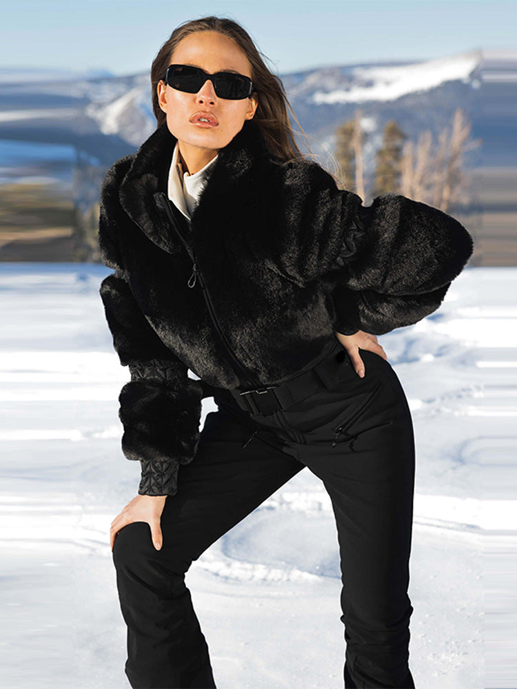 Winter Fur Splicing Zipper Jumpsuit