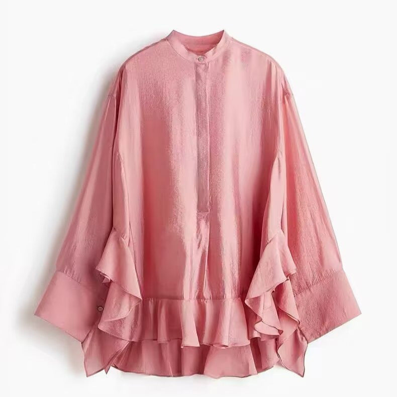 Loose Batwing Sleeve Ruffle Shirt