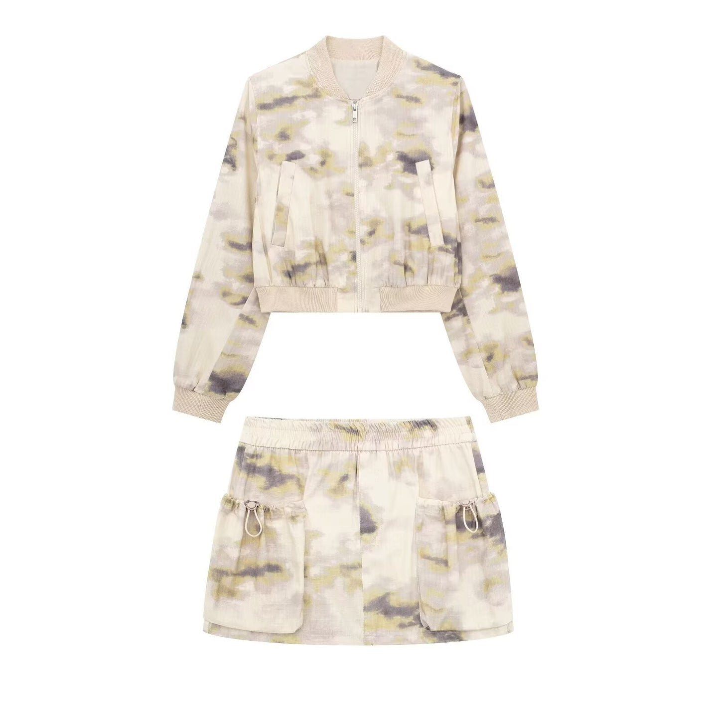 Printed Bomber Jacket Workwear Mini Skirt Set