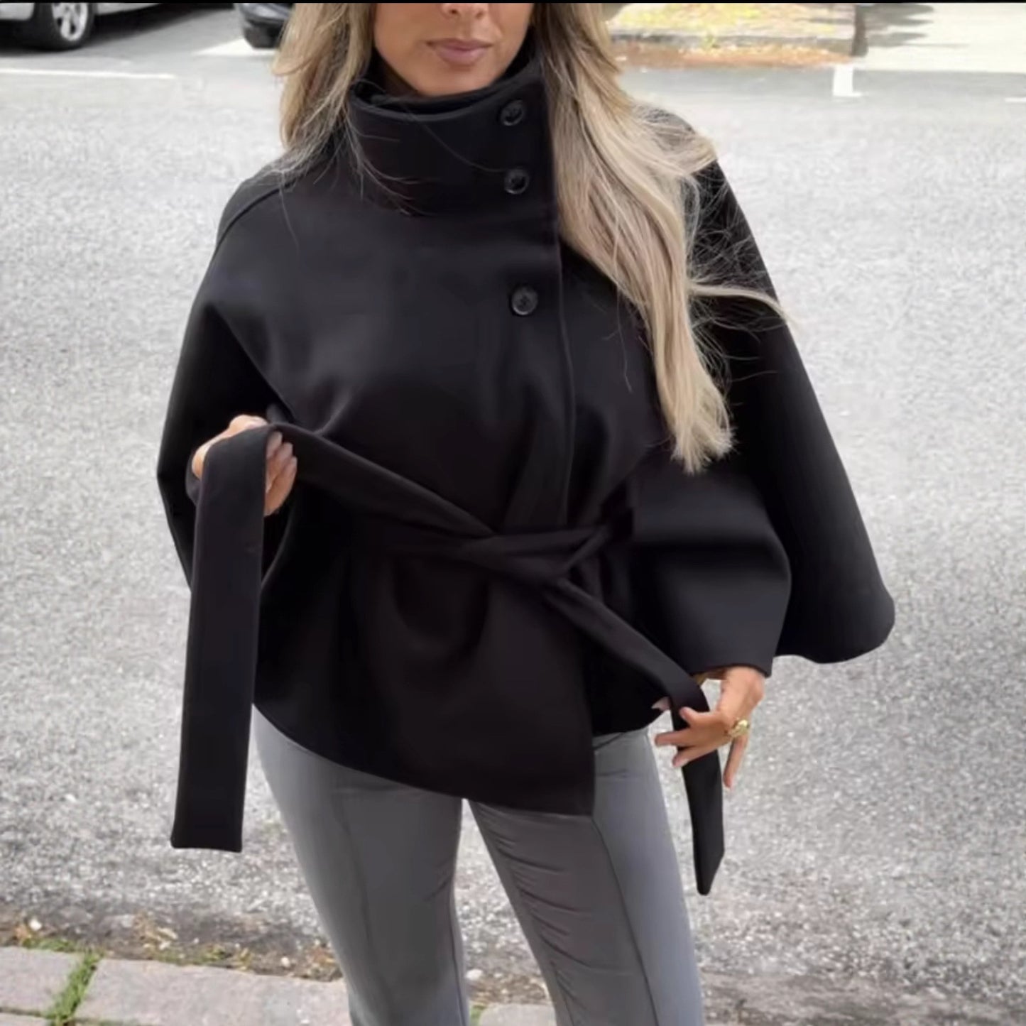 Stand-up Collar Bathrobe-style Belt Coat