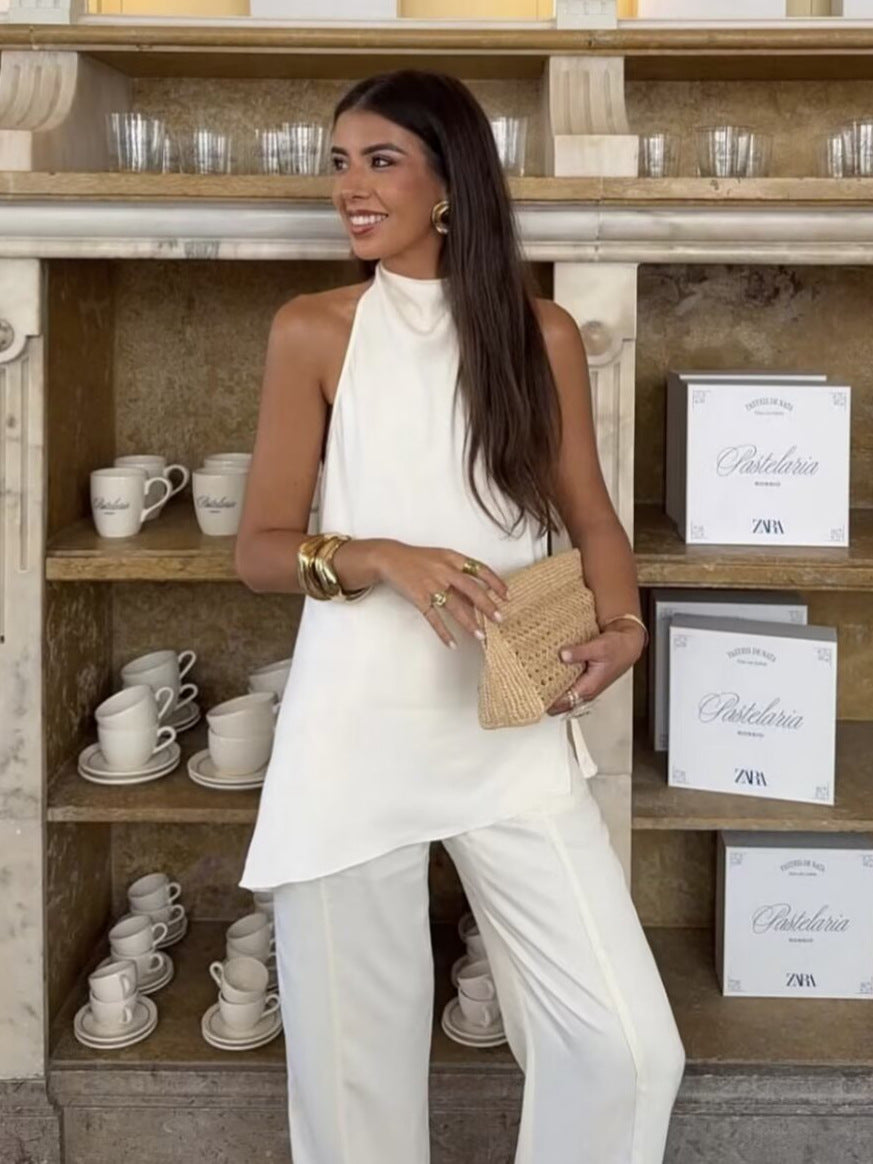 Silk Satin Halter Neck Top + Casual Pants Set