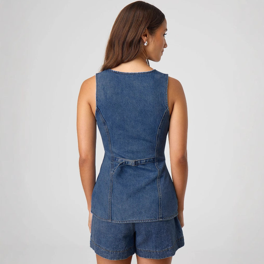 High-Waisted Women's Set with Denim Shorts