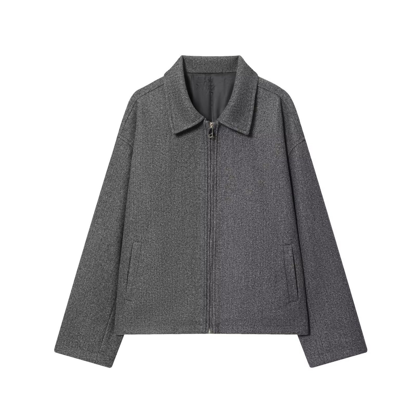 Solid Wide Zipper Woolen Coat