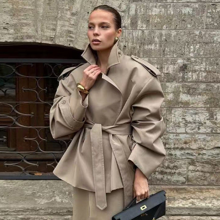 Lapel Tie-Waist Mid-Length Trench Coat
