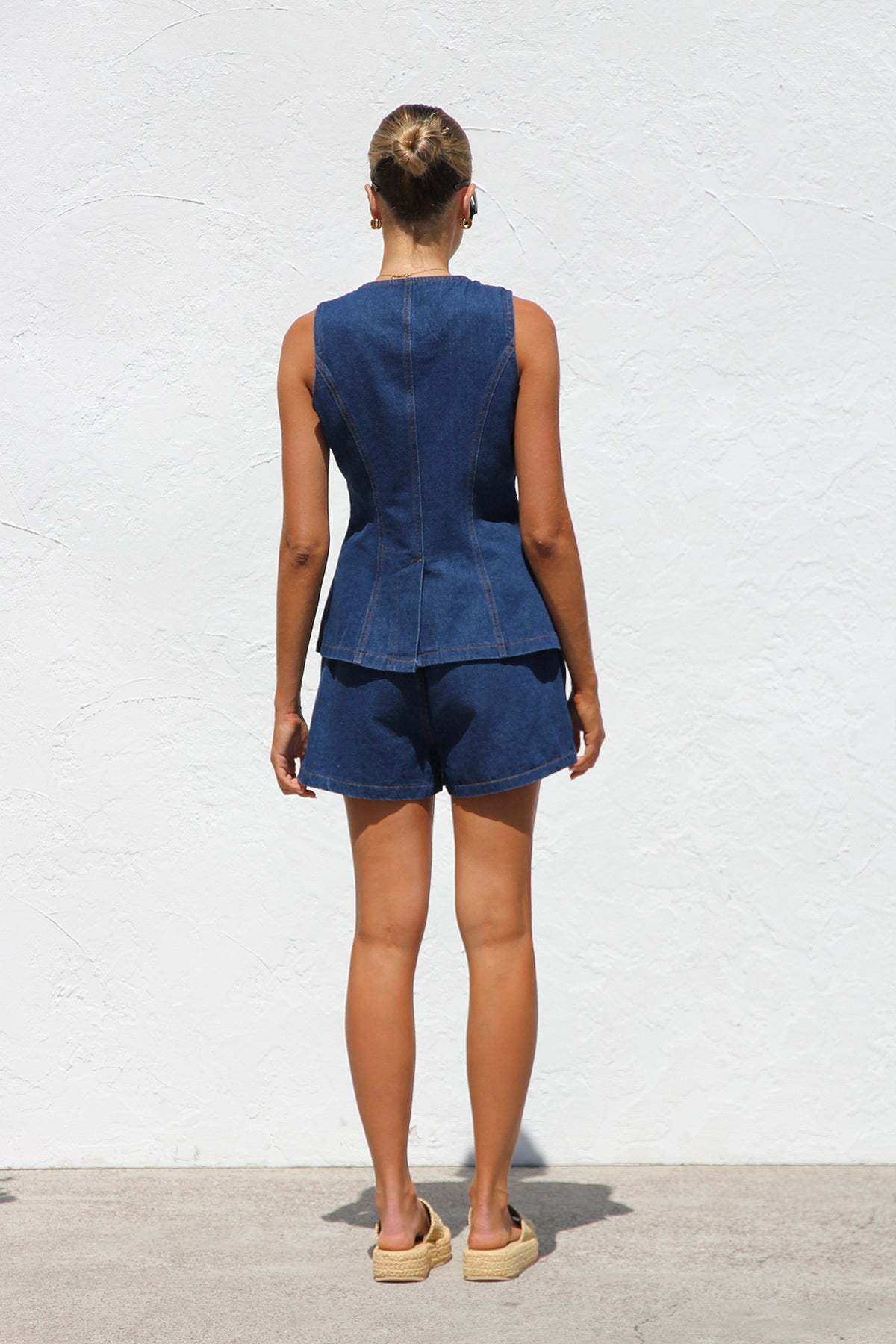 Sleeveless High-Waisted Loose Denim Shorts Set