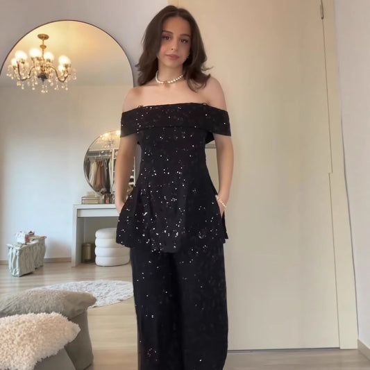 Sequined Vest Top & Sequined Loose Pant Set