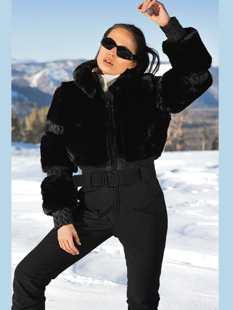 Winter Fur Splicing Zipper Jumpsuit