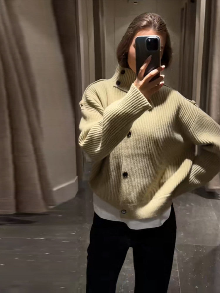 Casual Style Stand Collar Button Knitted Top