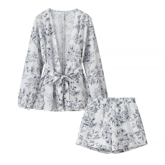 Printed Tie-Waist Cardigan + Printed Shorts Set