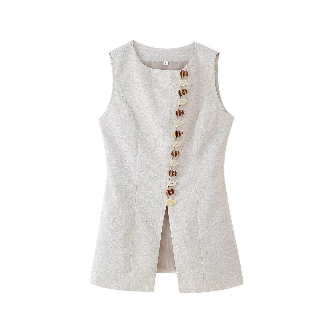 Button-down Cotton And Linen Vest + Short Skirt