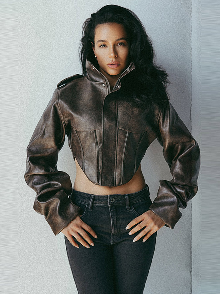 Short Waist-Cinching Stand-Up Collar Leather Jacket