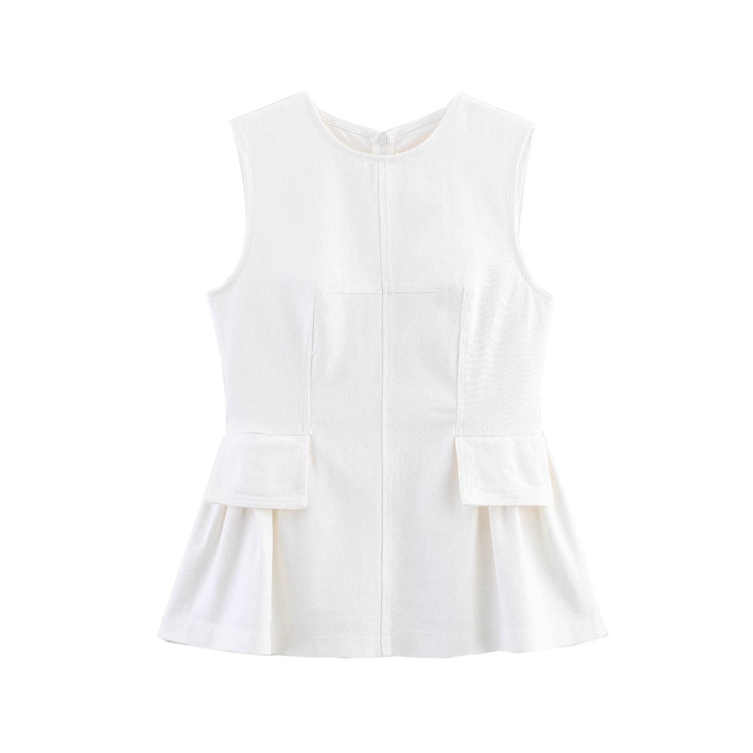 French Style Round Neck Sleeveless Short Skirt Pleated Top