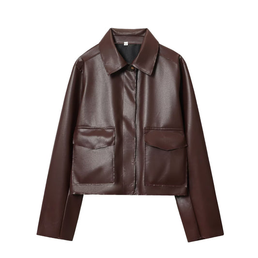 Lapel Solid Color Pocket Decoration PU Jacket