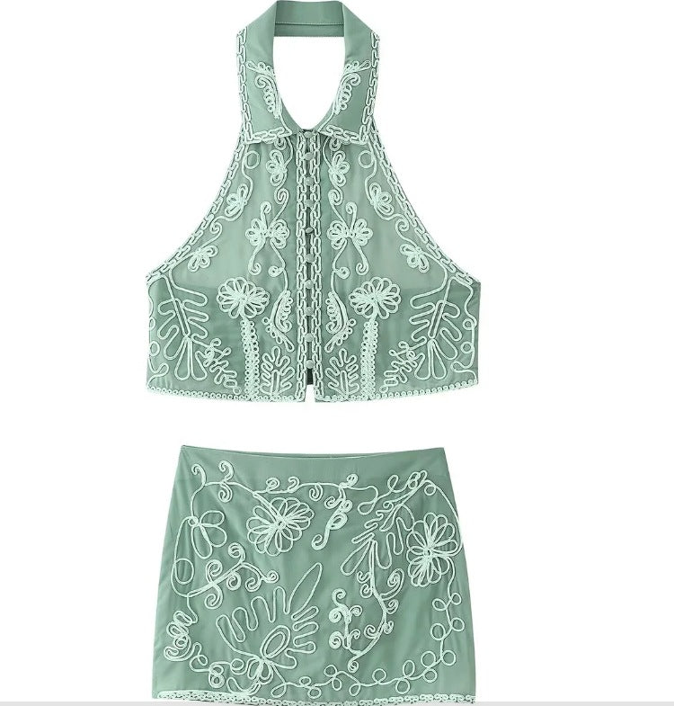 Embroidery Backless Shorts Suit Set